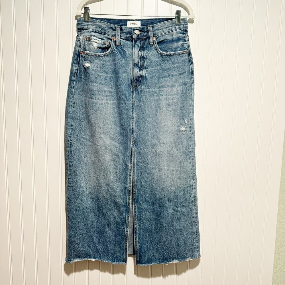 Pistola Alice Denim Midi Skirt Size 29 Front Slit - Picture 2 of 7